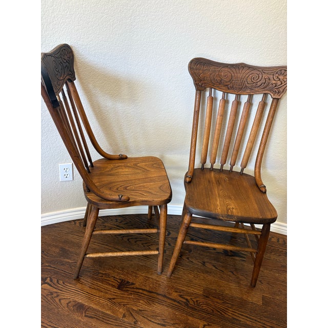 Pair of American Late Victorian Carved Elm Pressed-Back Spindle Side Chairs, C. 1890–1910 For Sale - Image 10 of 11