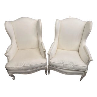 Vintage French Louis XVI Wingback Linen Mr and Mrs Chair For Sale