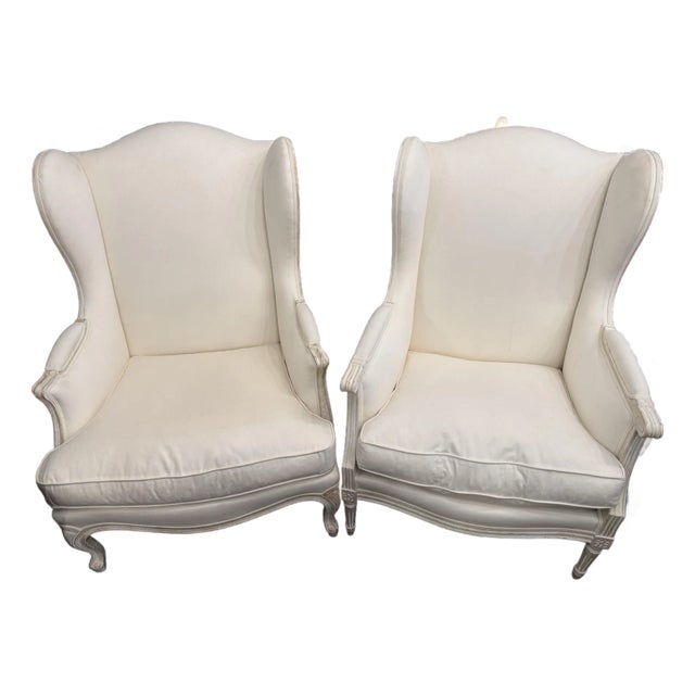Vintage French Louis XVI Wingback Linen Mr and Mrs Chair For Sale