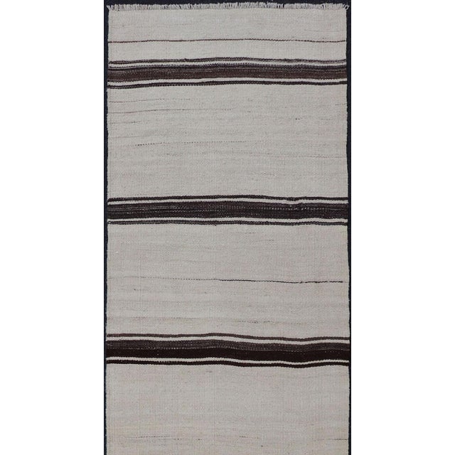 Vintage Turkish Kilim Small Runner With Ivory and Dark Brown Stripes 2'0 X 7'10 For Sale - Image 4 of 11