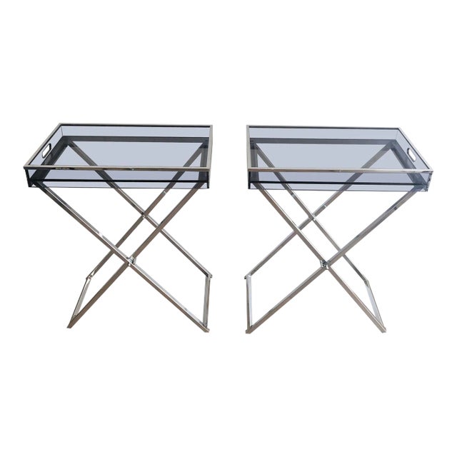 1970s Chrome Base & Blueish Lucite Top Folding Side Tables - A Pair For Sale