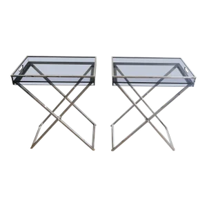 1970s Chrome Base & Blueish Lucite Top Folding Side Tables - A Pair