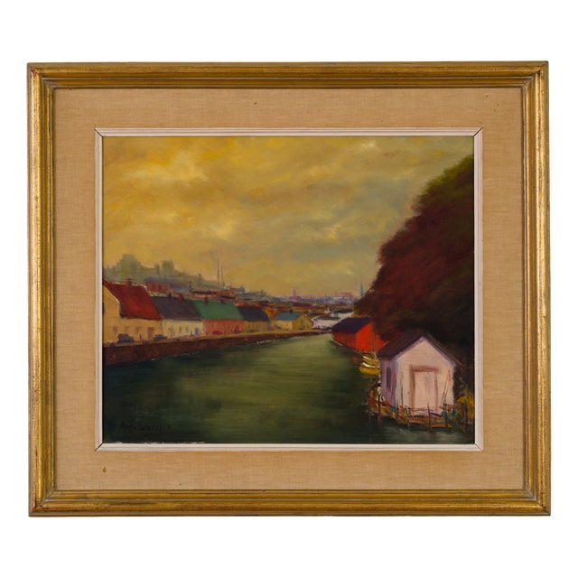 Egon Larsson, Swedish Canal Cityscape, 1955, Oil on Canvas For Sale