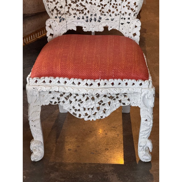 Late 19th Century Pair of Painted White Burmese Carved Side Chairs For Sale - Image 4 of 14