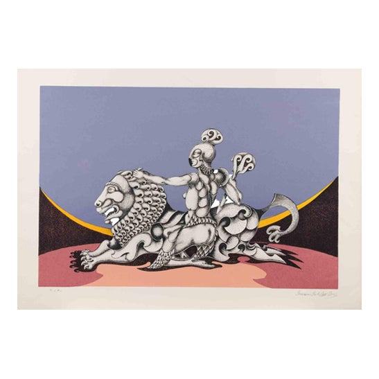 Francesco Paolo Delle Noci, Mythological Figure on Lion, Screenprint, 1980s For Sale