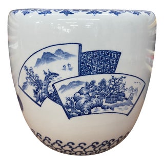 Blue and White Ceramic Planter with Landscape Artwork For Sale