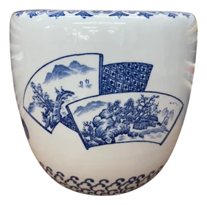Blue and White Ceramic Planter with Landscape Artwork