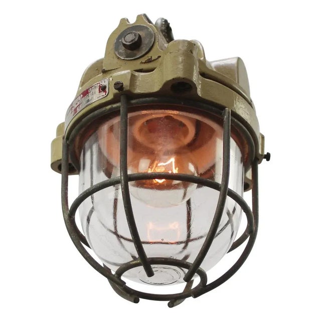 Small french industrial hanging lamp by mapelec amiens. 1974 brown / beige cast iron with cage clear glass e27 / e26 this...