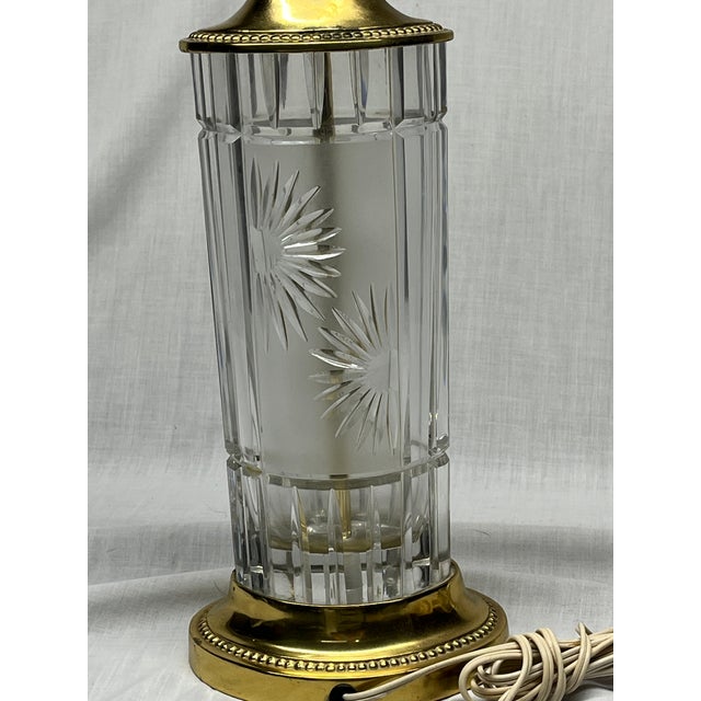 Dresden Porcelain Mid 20th Century Signed Dresden Cut Crystal & Brass Cylinder Table Lamp - With Shade For Sale - Image 4 of 6