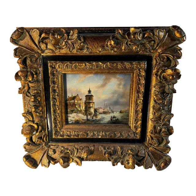 Ann Coleman Ladd Original Oil Painting Dutch Winter Scene Gilt Frame For Sale