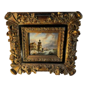 Ann Coleman Ladd Original Oil Painting Dutch Winter Scene Gilt Frame