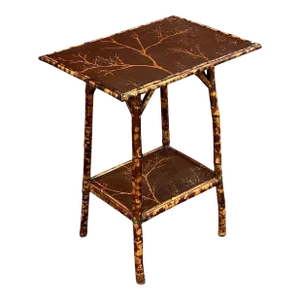 19th-C. Victorian Era Aesthetic Movement Burnt Bamboo Side Table Faux Bois Paper