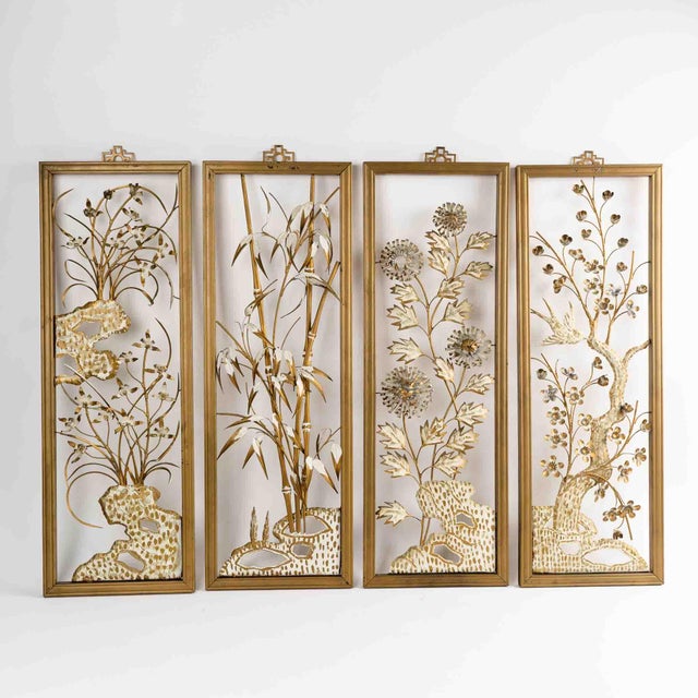 Vintage Mid-Century Metal Flower Wall Art Set - Gold Cream Botanical Collection - Set of 4 For Sale - Image 9 of 12