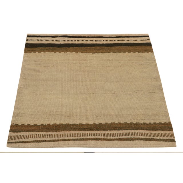 Tribal 1980s Vintage Kilim Sofreh Rug in Beige-Brown, Open Field With Striped Borders For Sale - Image 3 of 7