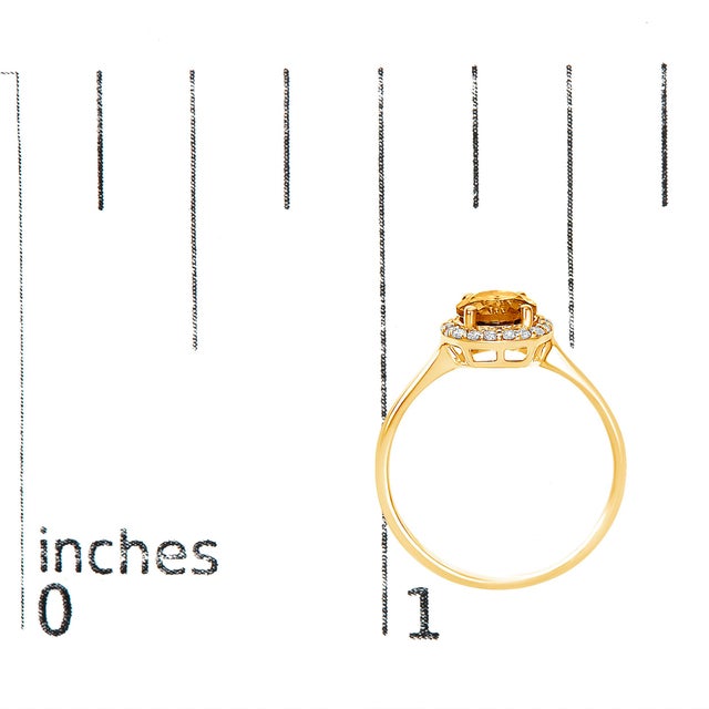 Metal 10K Yellow Gold Orange Citrine and 1/10 Cttw Diamond Halo Ring For Sale - Image 7 of 7