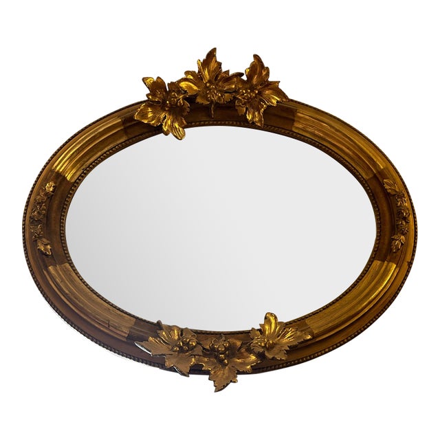 French-Inspired Oval Wall Mirror – Sculpted Fruit & Leaf Motifs With Gilded Wood Frame For Sale