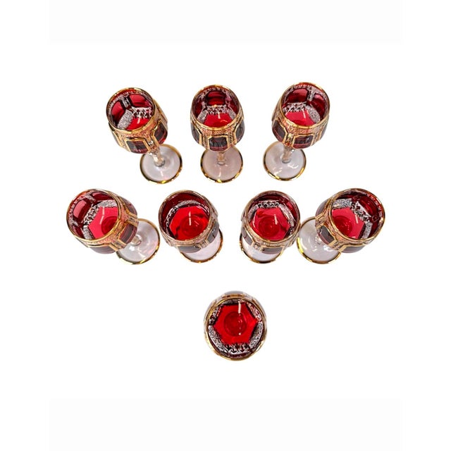 Art Deco Early 20th Century Moser Bohemian Cut to Clear Paneled Cranberry Red Gold Gilt Stemmed Cordial Glasses - Set of 8 For Sale - Image 3 of 18