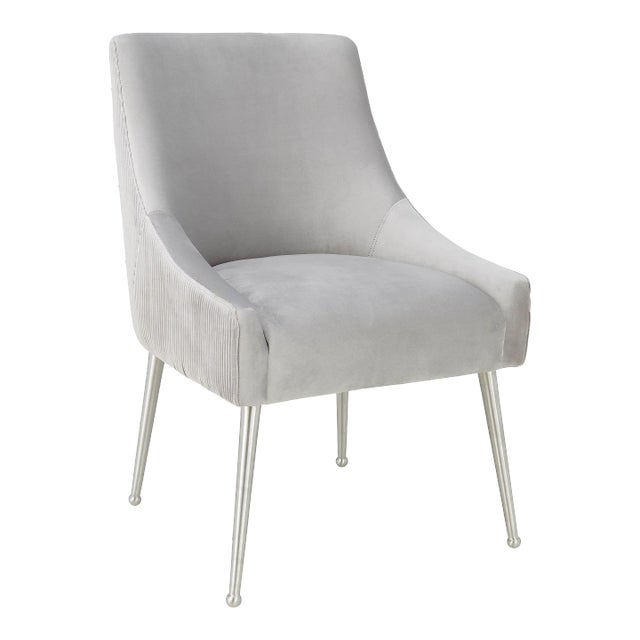 Beatrix Pleated Light Grey Velvet Side Chair with Silver Legs For Sale