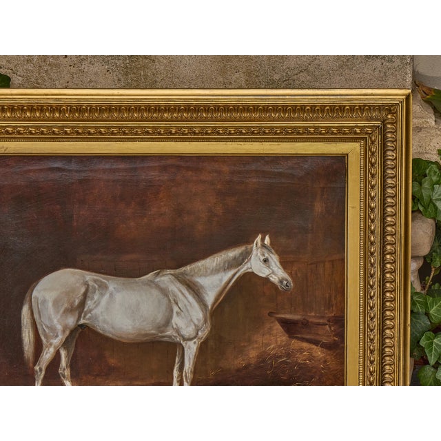 Antique English Oil Painting of a White Horse in Giltwood Frame, circa 1884 For Sale - Image 11 of 12