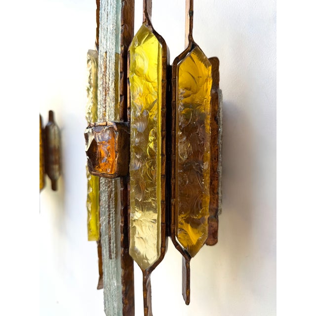 Pair of Hammered Glass Wrought Iron Sconces by Longobard, Italy, 1970s For Sale - Image 12 of 12