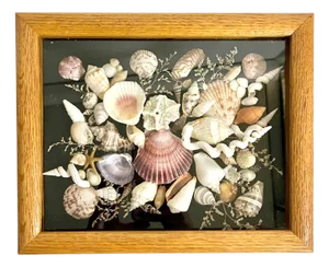 Vintage Wood Framed Seashell Shadow Box Folk Art Wall Sculpture