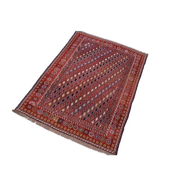 Shabby Chic Antique Soumak Rust/Blue Wool Rug - 5'7'' X 7'10'' For Sale - Image 3 of 10