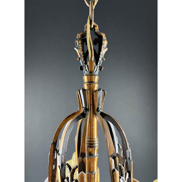 Metal 1930s Mid-West Mfg. Soleure Series Art Deco 5-Light Slip Shade Chandelier in Cast Bronze For Sale - Image 7 of 14
