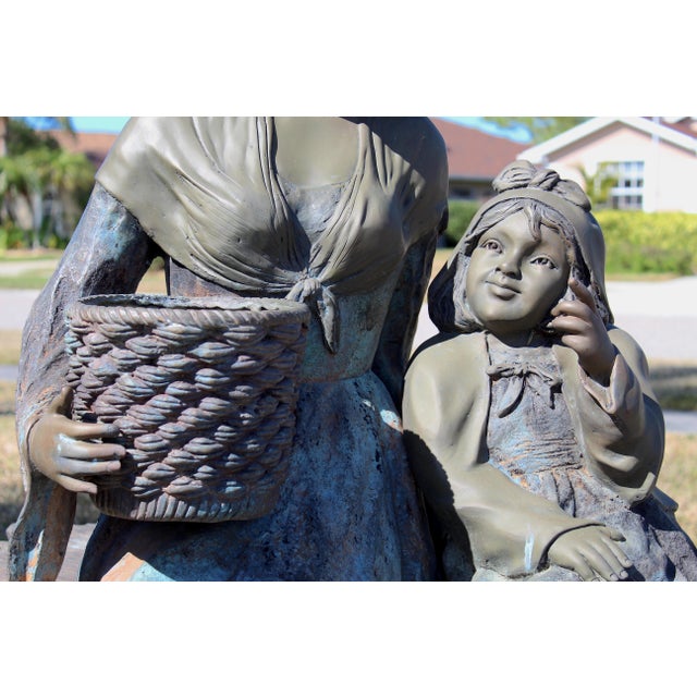 Vintage Life-Size Victorian Mother & Child Garden Sculpture With Bronze Faces, Hands & Upper Body – Garden Bench Statue With Basket Planter, 1980s For Sale - Image 9 of 18