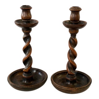 Pair English Barley-Twist Carved Wood Candlesticks For Sale