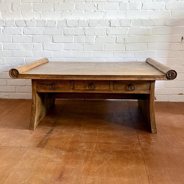 Brown Wooden Scroll-End Coffee Table with Drawers For Sale - Image 8 of 8