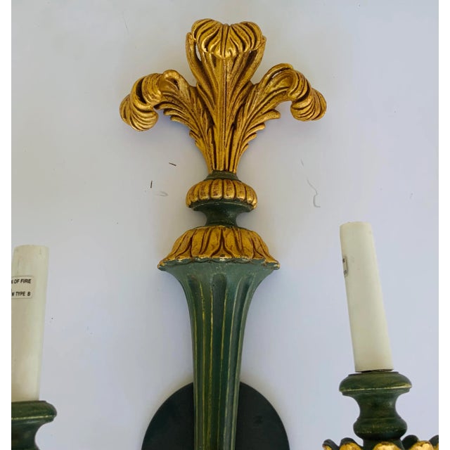 Original Retail $1424, elegant Myran Allen Luxury Lighting Green and Gold Plum Wood Sconce, carved wood, made in Italy,...