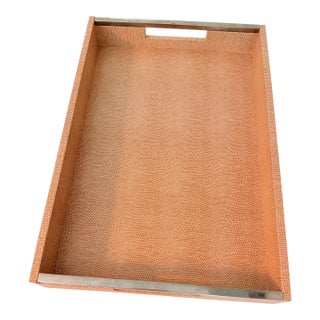 Shagreen Style Faux Snakeskin Decorative Serving Tray With Nickel Handles For Sale