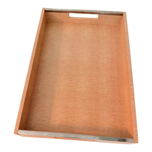 Shagreen Style Faux Snakeskin Decorative Serving Tray With Nickel Handles For Sale