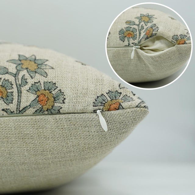 Fabdivine Block Print Design , 14"x14", Thick Linen Pillow Cover, Sadabahar For Sale - Image 4 of 6