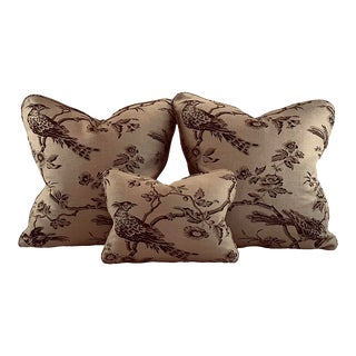 Designer Fabricut Chocolate Brown & Tan "Amacus Bird" Botanical French Country Toile Pillow Covers- 3 Pc Set For Sale