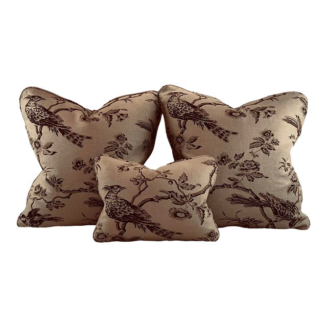 Designer Fabricut Chocolate Brown & Tan "Amacus Bird" Botanical French Country Toile Pillow Covers- 3 Pc Set For Sale