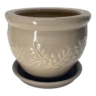 Vintage Ceramic Round Planter With Overflow Plate & Botanical Design in Taupe. For Sale