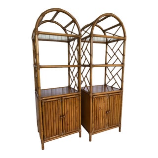Vintage Coastal Rattan Chippendale Etageres-Pair For Sale
