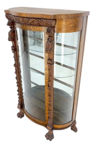 Solid Tiger Oak Curved Glass China Cabinet Carved Claw Feet Lion Heads