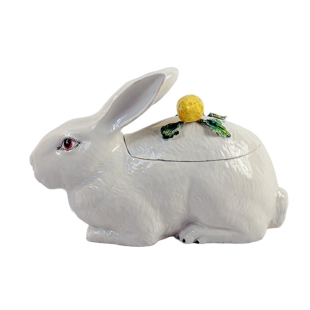 This is a charming 1970's Italian Majolica Bunny Rabbit Tureen. This Italian tureen is a beautifully formed resting rabbit...