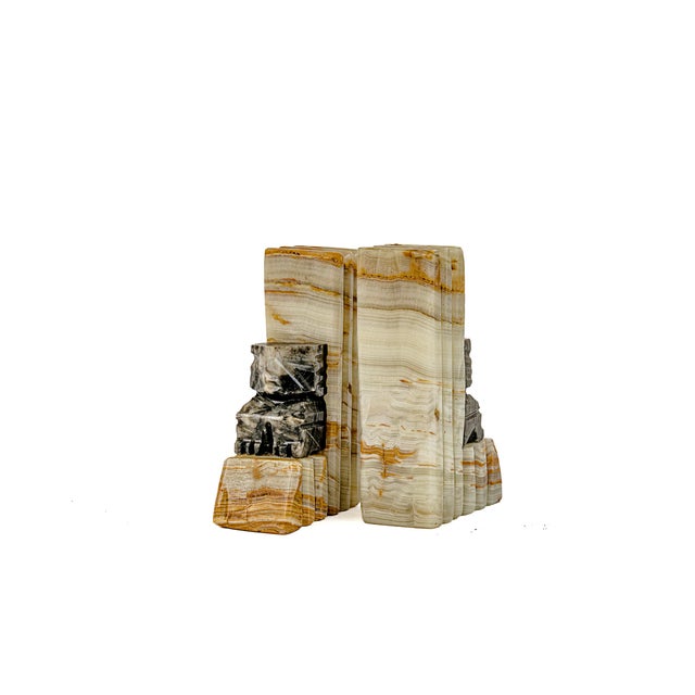 Mid-Century Modern Vintage Mid-Century Modern Hand Carved Mexican Onyx and Marble Aztec or Mayan Bookends For Sale - Image 3 of 10