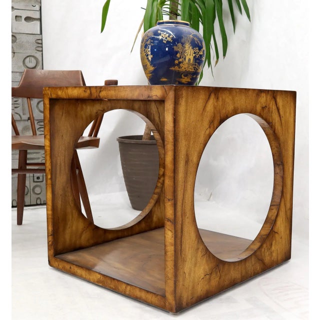Brown Geometrical Cube Shape Burl Flame Wood Pattern Side Table For Sale - Image 8 of 13