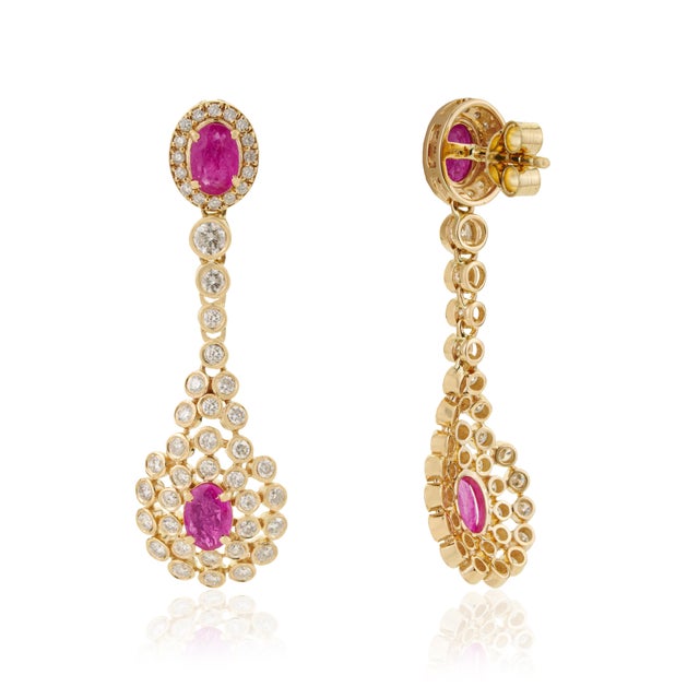Metal Art Deco Revival 1.71ct Ruby & 1.29ct Diamond Chandelier Drop Earrings 14k Gold- 2 Pieces For Sale - Image 7 of 12