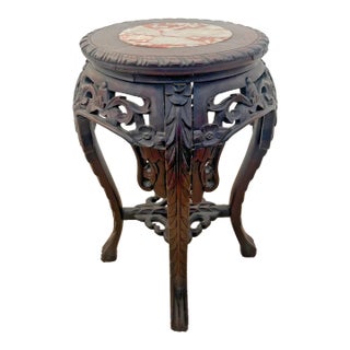 French Plant Stand Table, Hand Carved Lattice Marble Top, Dark Mahogany Petite For Sale