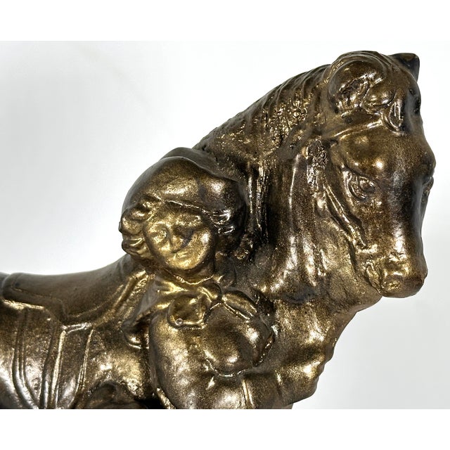 Victorian Gilded Chalkware Equestrian Mantel Piece With Child & Dog, c.1930-1940s For Sale - Image 3 of 13