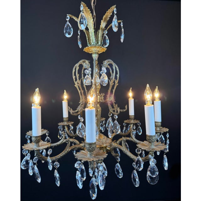 Vintage Brass Chandelier Ornate Eight Lights With Crystals For Sale In Chicago - Image 6 of 8