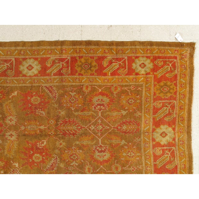 Brown Antique Oushak Carpet, Oriental Rug, Handmade Green, Saffron, Ivory and Coral For Sale - Image 8 of 18