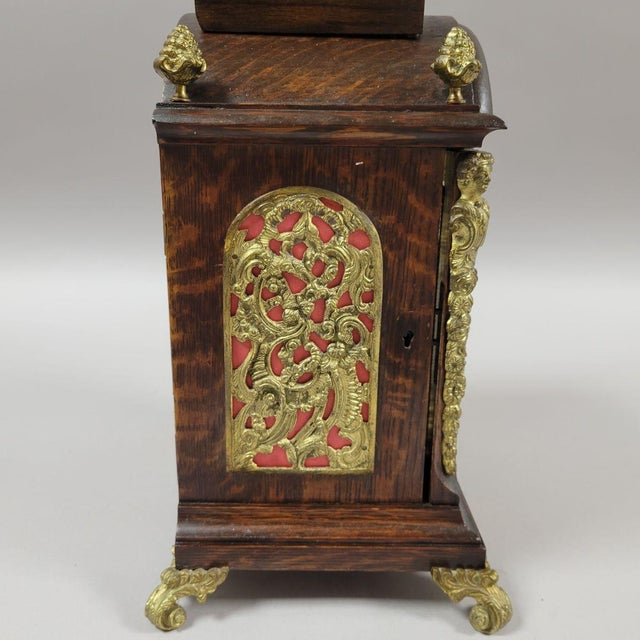 Brown Antique French Tiger Oak Bracket Mantel Clock With Ormolu Caryatids & Pineapple Finials For Sale - Image 8 of 13