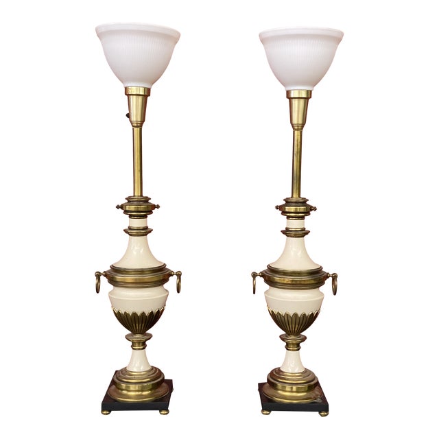 Vintage 1970s Stiffel Brass & White Lamps - a Pair For Sale