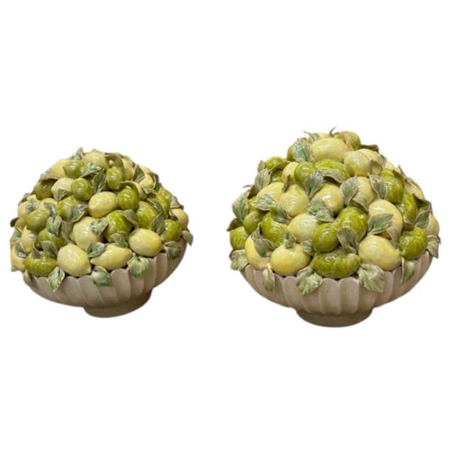 Italian Pair of Vintage Italian Majolica Ceramic Lemon Pyramids in Scalloped Footed Bowls For Sale - Image 3 of 12